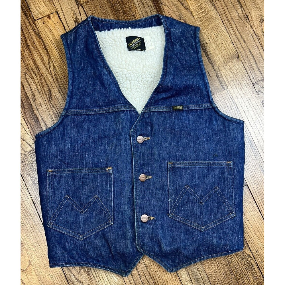 Vintage Maverick Automaticks Sanforized Sherpa Lined Denim Vest 1970s Sz Small‎